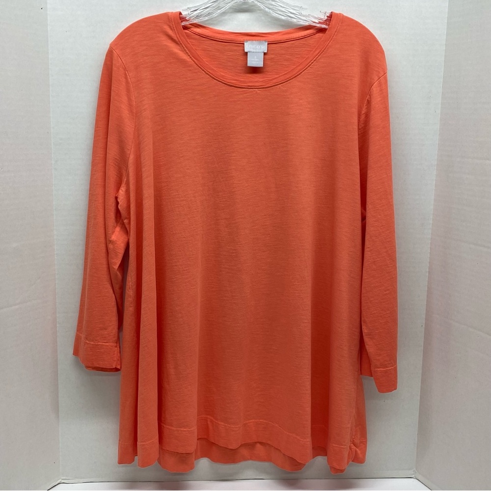 Chicos Womens 100% Cotton Pullover Top 3/4 Length Sleeves Size 2=Lg Coral Color